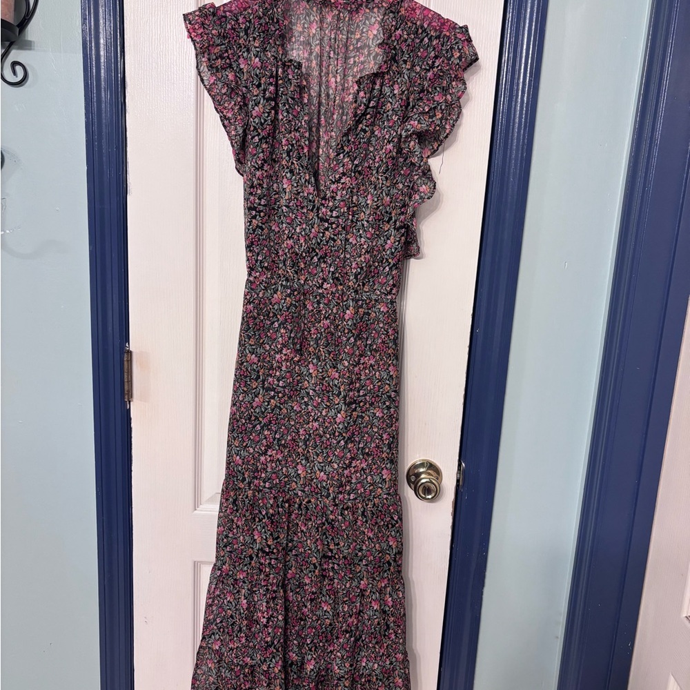 Floral Ruffle Maxi Dress in Black and Pink